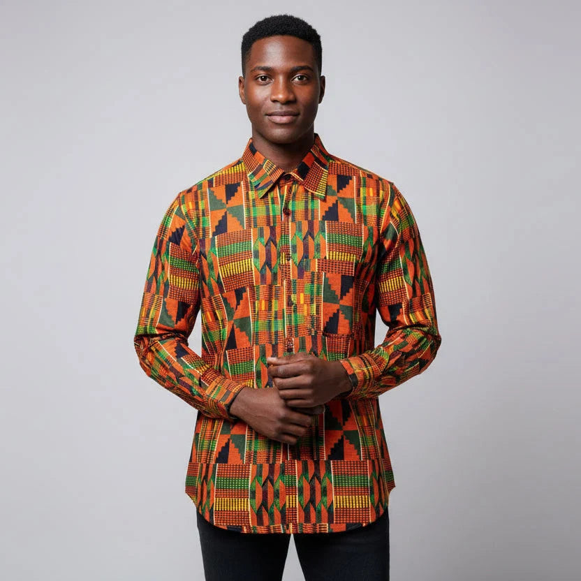 African Print Button Down Shirt/ Long Sleeve Men / Unisex- Dark Orange Kente 65