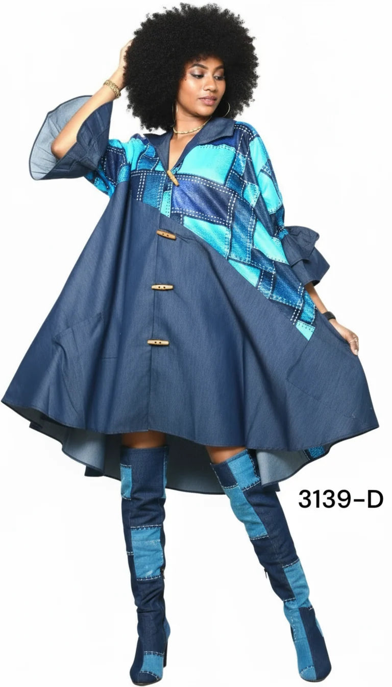 Denim Shirt Dress with Ankara African Print 3139-D