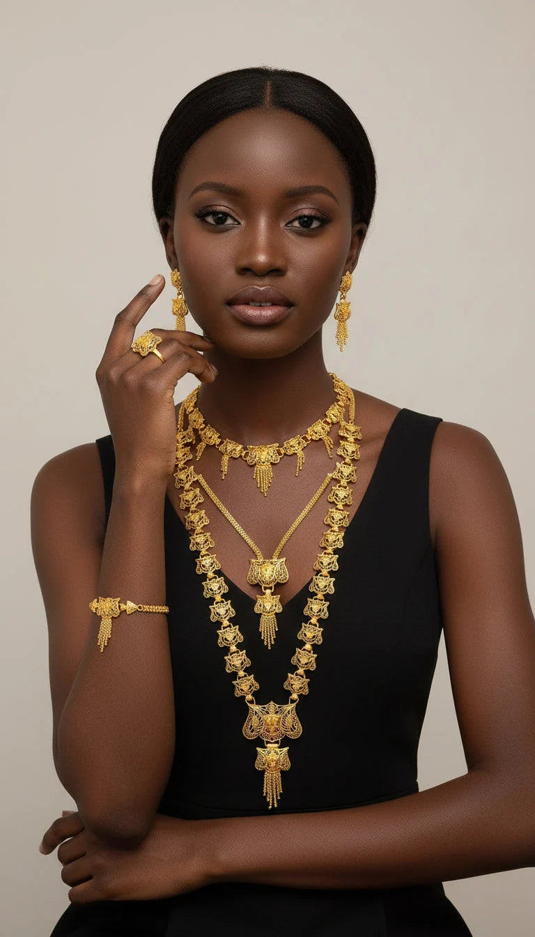 5 Pcs Gold Necklace /Choker/ Bracelet/ Earring/ Ring Set/ Gold Plated -12A