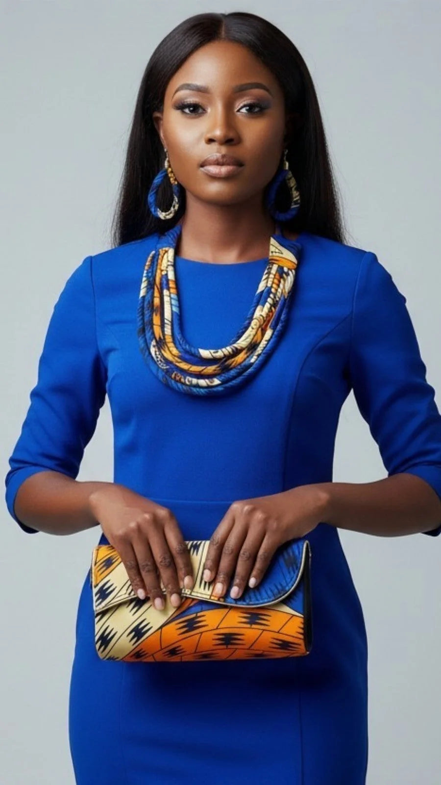 Clutch Bag & Rope Necklace Set /African Kente /Ankara 26 Royal Blue