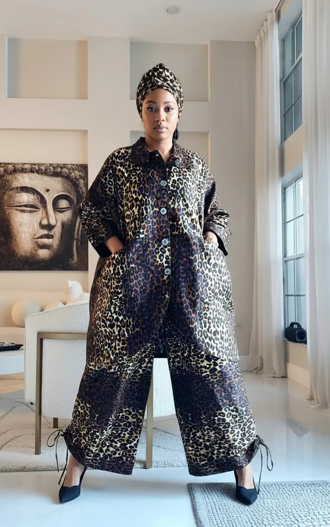 Leopard Print 2-Piece Cotton Pant Set
