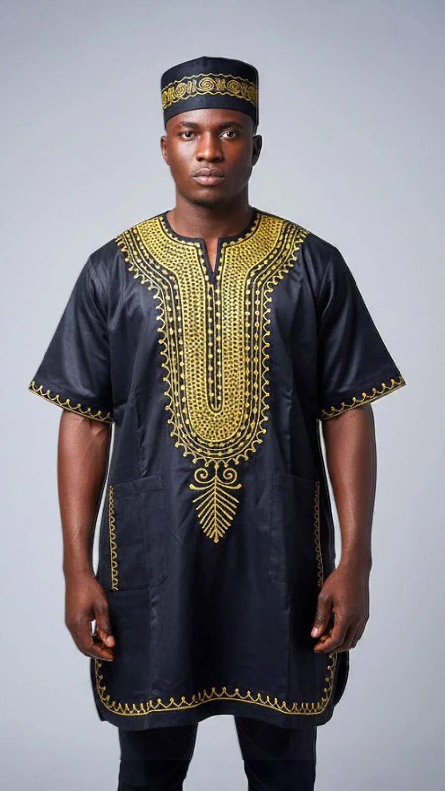 M031 Unisex kurta Embroidery Top With Kufi Hat - Black