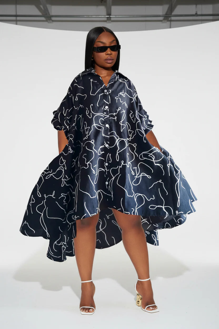 IB25013 - Swing Dress/ Faux Silk / Black - White 758
