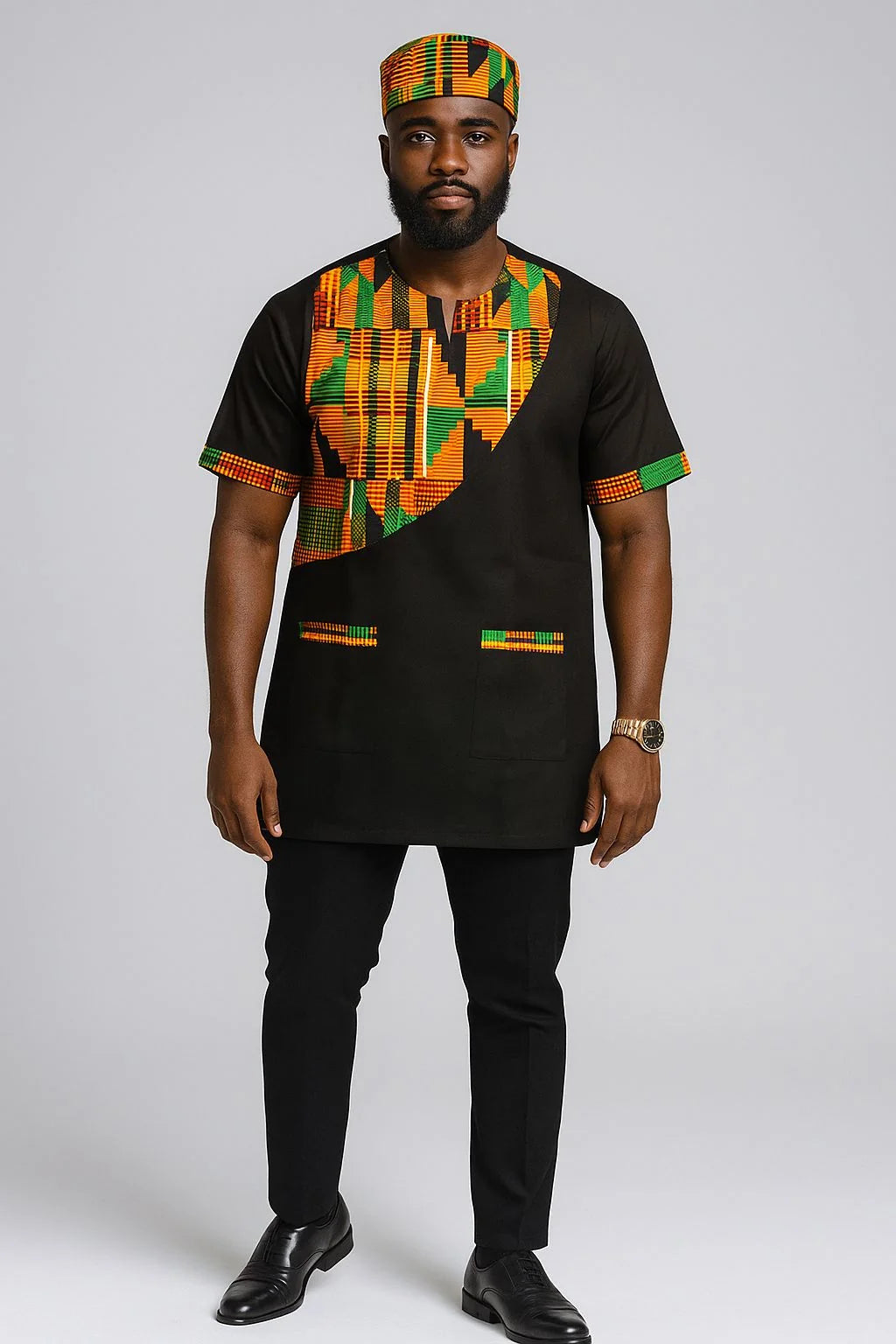 Men Tunic Shirt / Kente Accent- Black M040