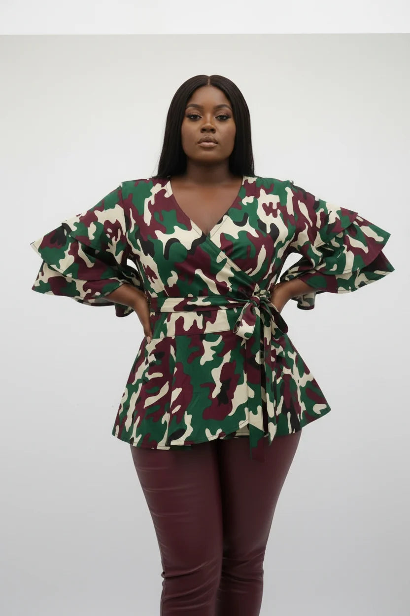 1203 - Wrap Blouse/ Army Print / Burgundy