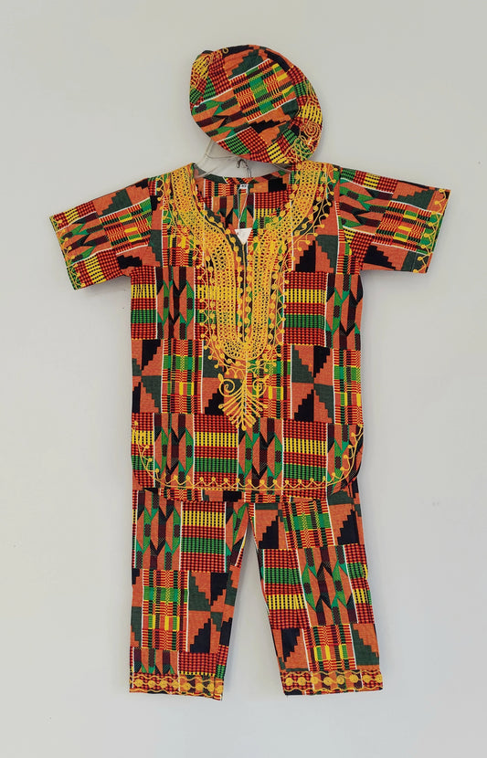 Boys 3 Pcs Kente Set/ Pant/Tunic/Kufi Hat