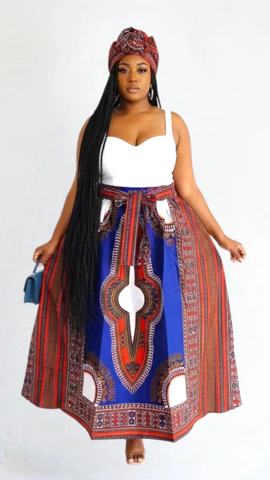 Woman long maxi skirt. Has elastic waist with adjustable sash. Has side pockets. Matching head scarf included. One size fits most. (S-3XL) Color: Purple, blue multi Color