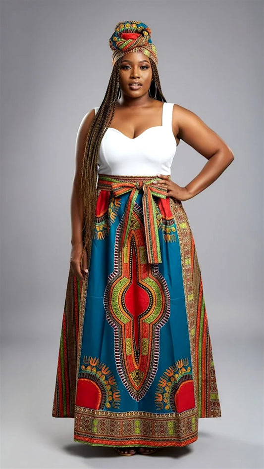 Women Long Dashiki Print Skirt - 6011D