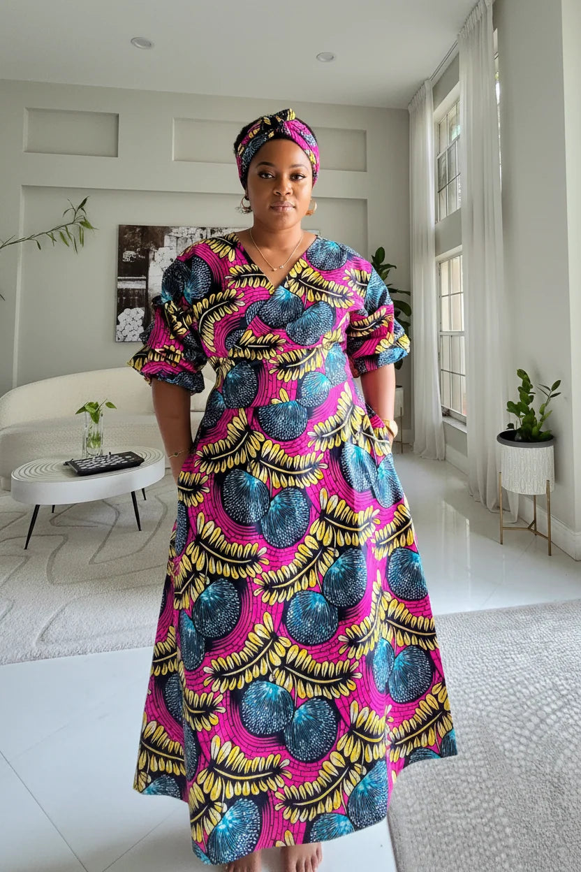 746 Wrap Dress With Puffed Sleeves Print Pink Floral