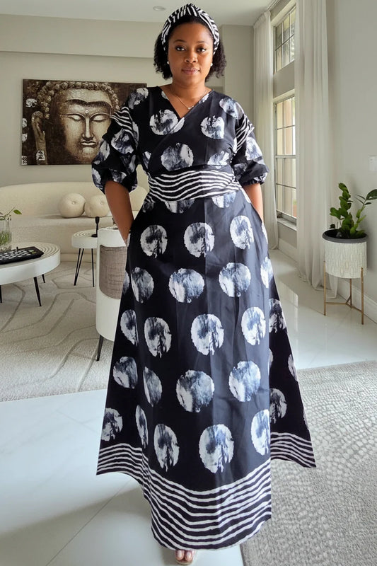 Prev  Next  746 Wrap Dress With Puffed Sleeves Print 834