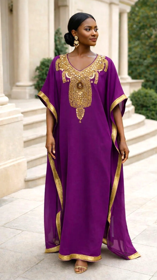 Beaded kaftan Dress With Gold Border Purple 103