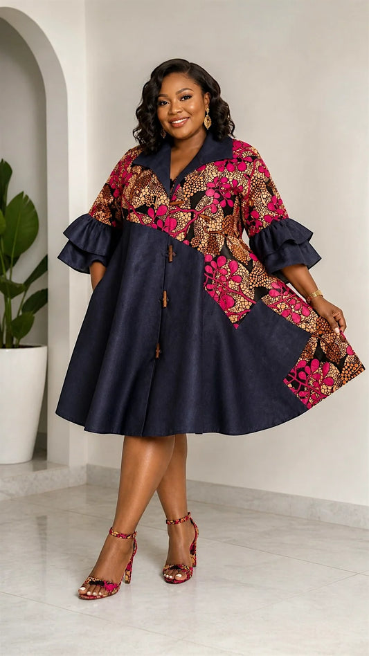 Denim Shirt Dress with Ankara African Print 3139 - Q