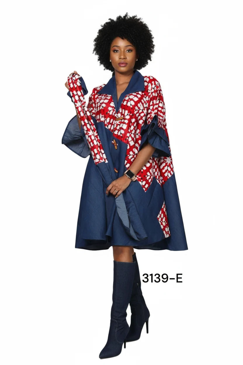 Denim Shirt Dress with Ankara African Print 3139-E
