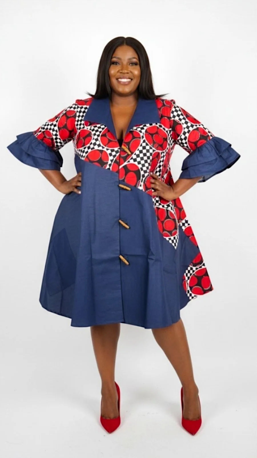 Denim Shirt Dress with Ankara African Print 3139 - N