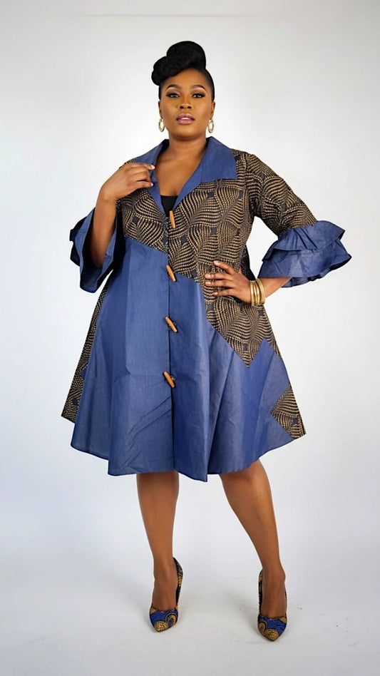 Denim Shirt Dress with Ankara African Print 3139 - O