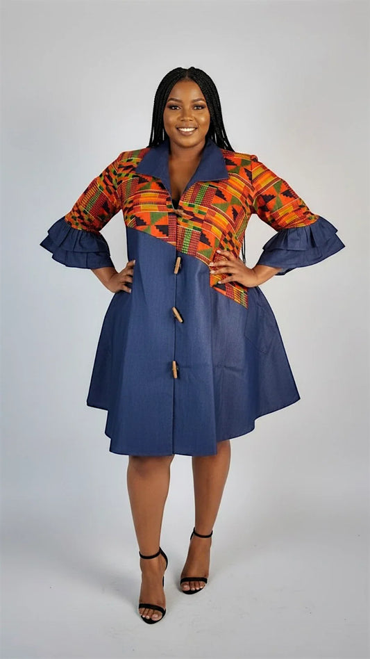 Denim Shirt Dress with Ankara African Print 3139 - M