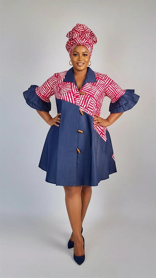 Denim Shirt Dress with Ankara African Print 3139-L