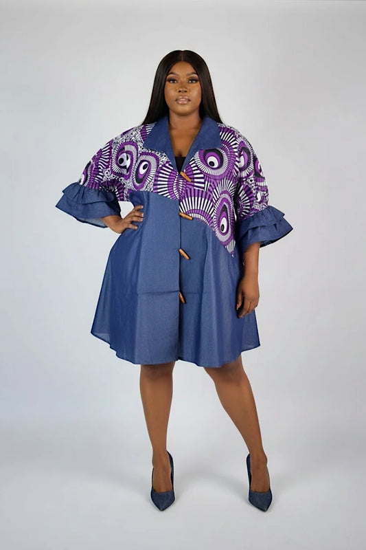 Denim Shirt Dress with Ankara African Print 3139-L