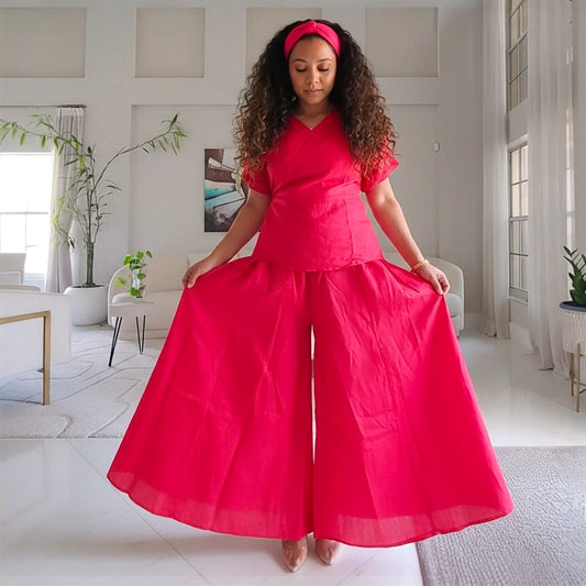 Faux Silk Palazzo Pant Set - Red 4196