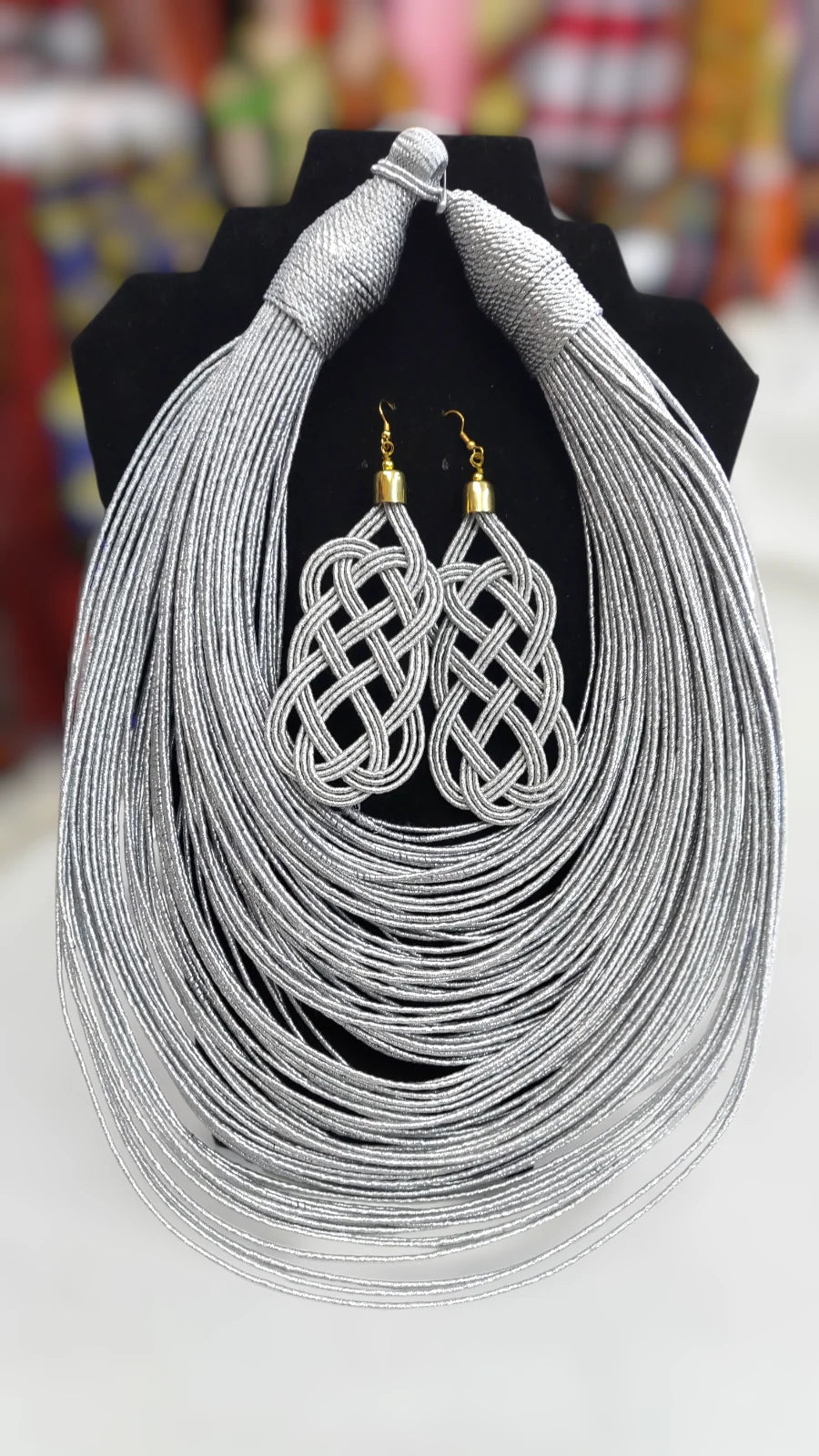 Rope Layered Necklace & Earrings Set Silve