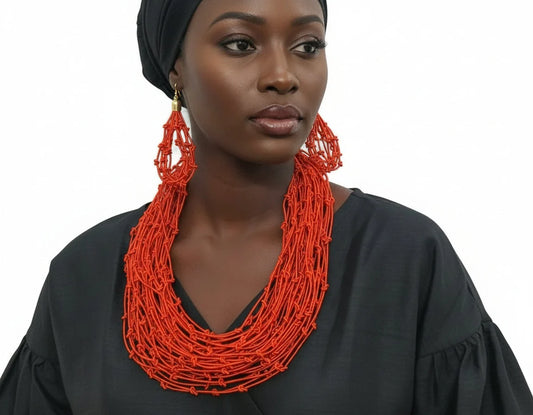 Rope Layered Necklace & Earrings Set Orange -  set blue