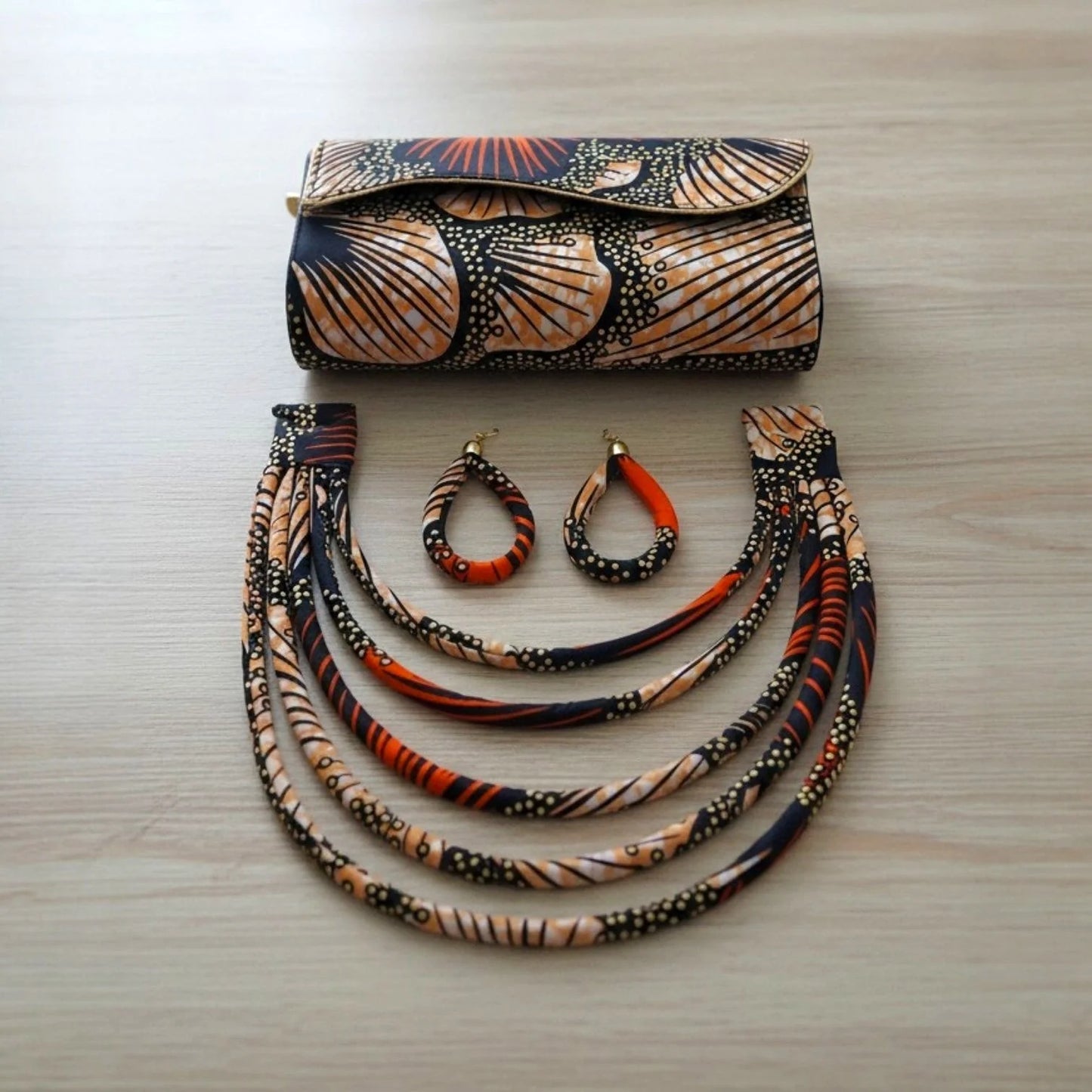 Clutch Bag & Rope Necklace Set /African Kente /Ankara 24 Peach