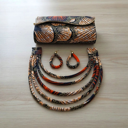Clutch Bag & Rope Necklace Set /African Kente /Ankara 24 Peach