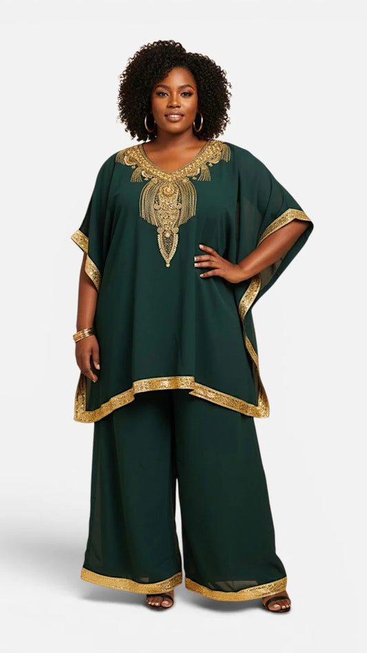 kaftan Palazzo Set huntre green And Gold - kP05
