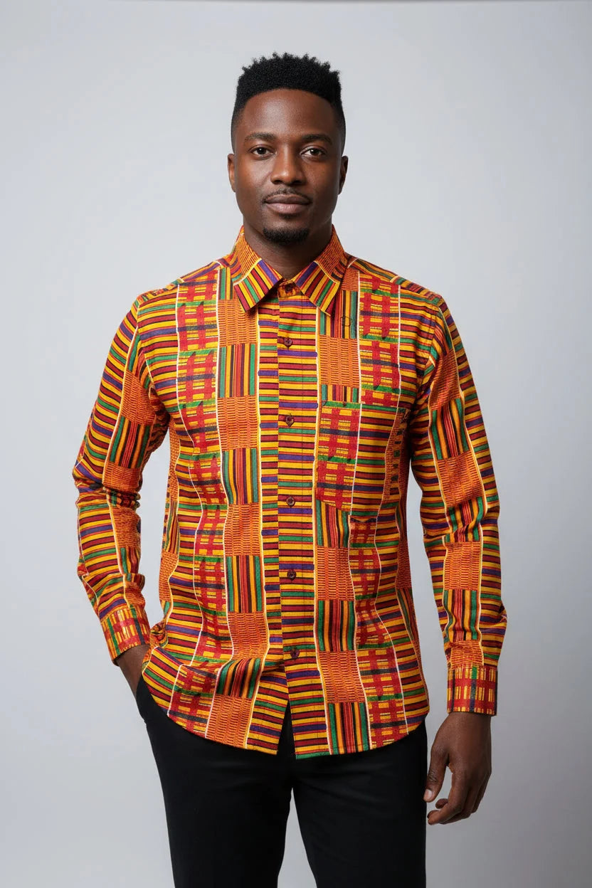 Prev Next Men African Print Button Down Shirt/ Long Sleeve- Yellow Kente