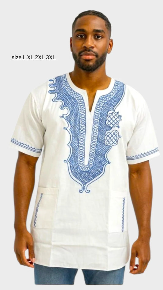 M031 Unisex/ Men/women kurta Embroidery Top - White/Blue