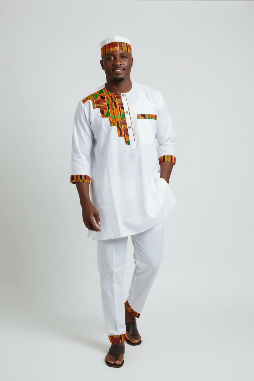 Men’s 3-Piece Traditional Set – Kufi Hat, Tunic Shirt & Long Pant 766 White