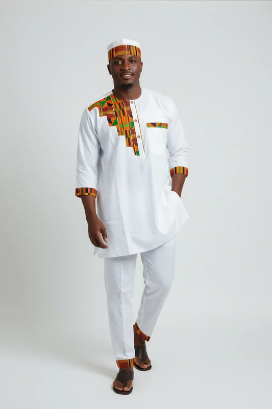 Men’s 3-Piece Traditional Set – Kufi Hat, Tunic Shirt & Long Pant 766 White