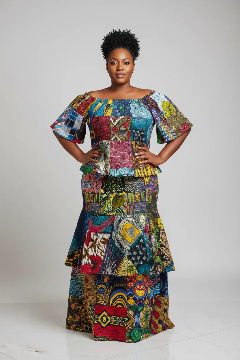 Smocked fit & flare Skirt & Blouse Set - Patch Print One of A Kind PTS15