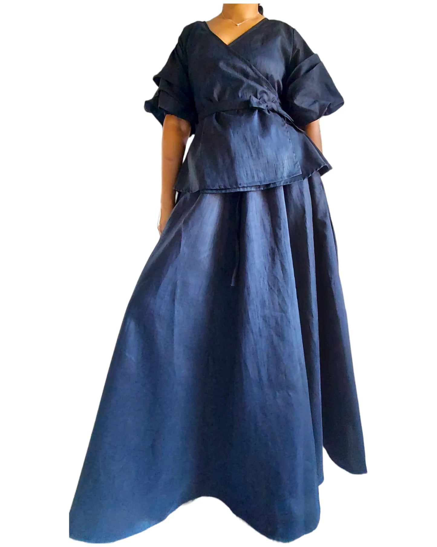 Faux Silk Long Skirt & Wrap Blouse Set - Black