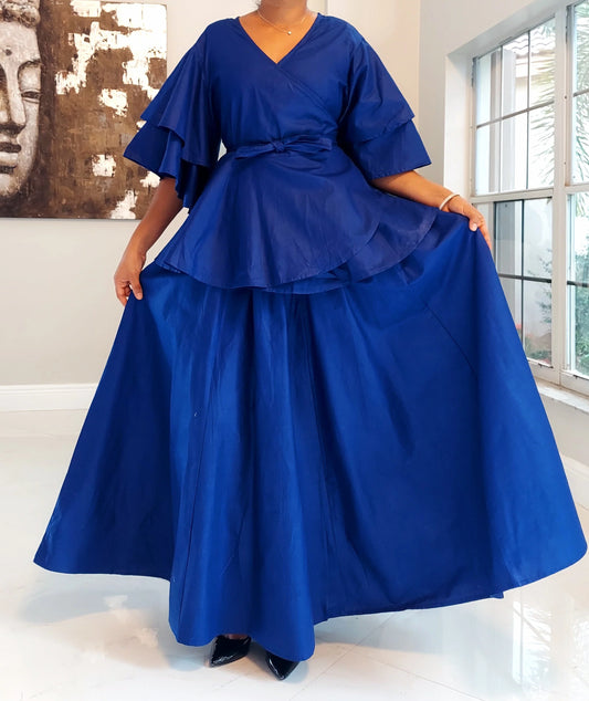 Wrap Blouse & Long Skirt-Solid Navy