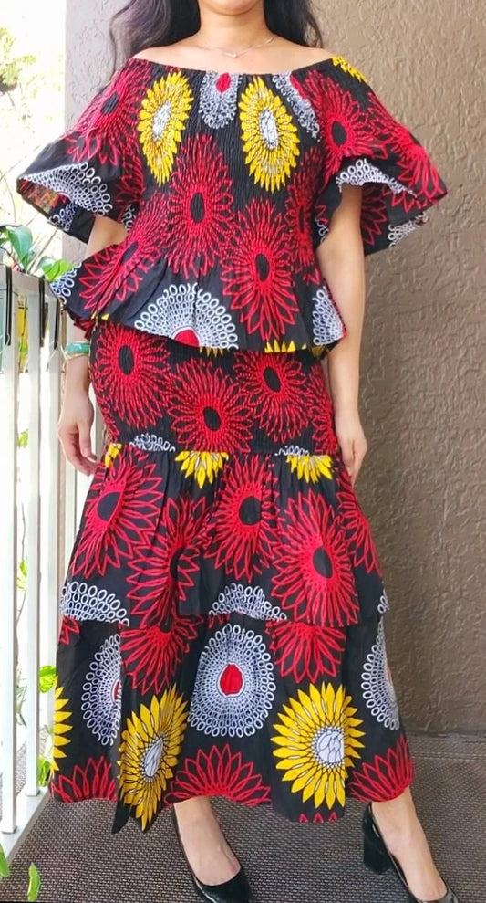 Woman Long Smock Tiered Skirt / Blouse Set- Black/Red