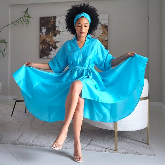Swing Dress/ Faux Silk/ Ruffle Sleeve - 758 Light Blue