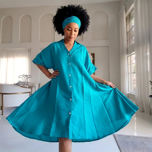 Prev Next Swing Dress/ Faux Silk/ Ruffle Sleeve - 758
