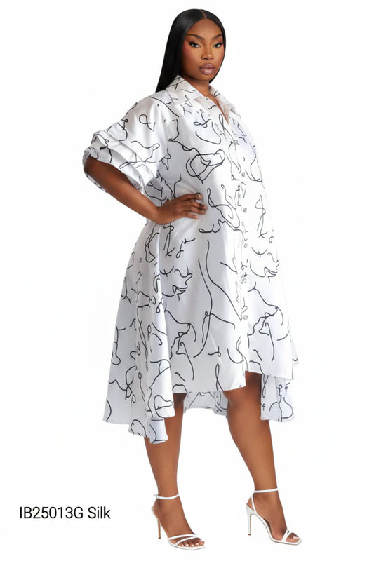 Swing Dress/ Faux Silk White/Black 758