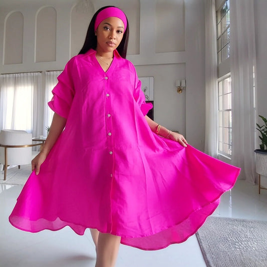 Swing Dress/ Faux Silk/ Ruffle Sleeve - 25013 Bright Pink