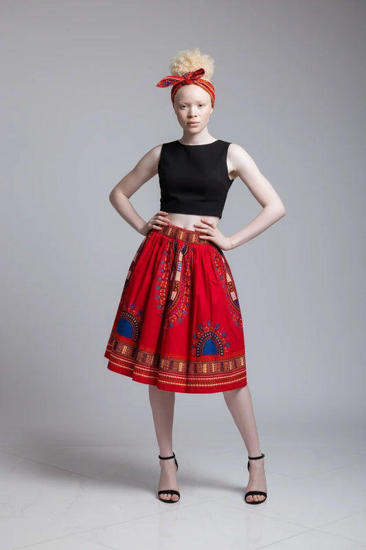 Women Mid Length Flared Skirt - Traditional Dashiki Print 521 Red
