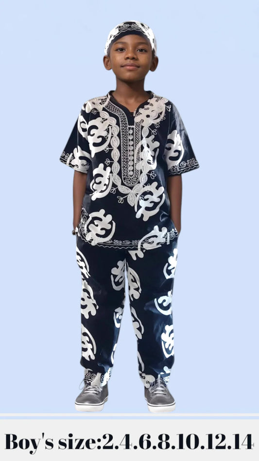 Prev Next (Pack of 7) Boys 3 Pcs Sets/ Pant/Tunic/Kufi Hat - Gynmee Print