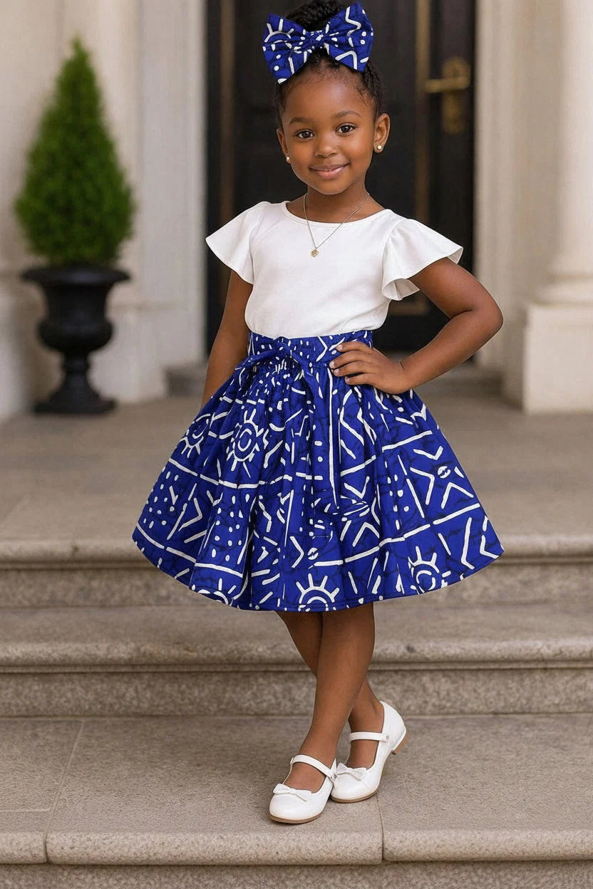 Little Girls Skirt & Head Bow Set-Kids Blue Tribal K05