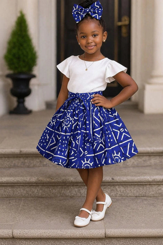 Little Girls Skirt & Head Bow Set-Kids Blue Tribal K05