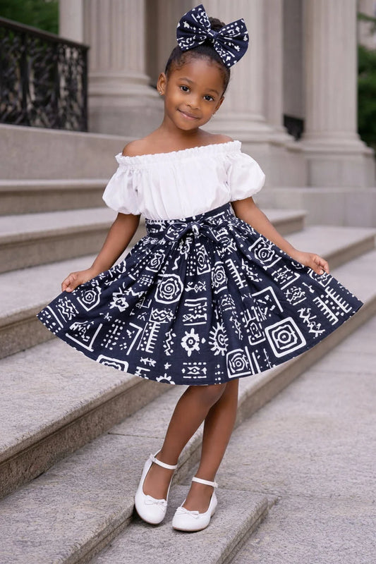 K005 Kids / Girls Skirt & Scarf Set- Gye-Nyame Print
