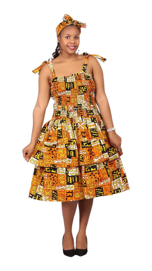 Flounce Dress/Shoulder Straps /African Anarka Print A KVZ66