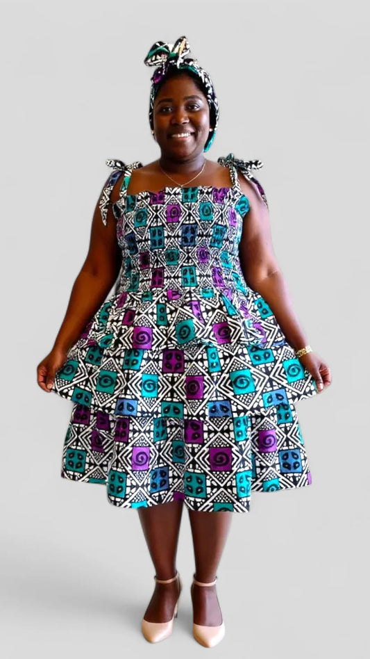 Flounce Dress/Shoulder Straps /African Anarka Print KVZ66