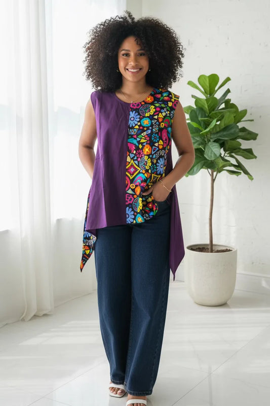 Maya Split-Design Cotton Tunic – Colorful Abstract - 7222