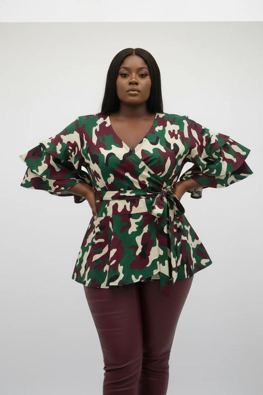 1203 - Wrap Blouse/ Army Print / Burgundy