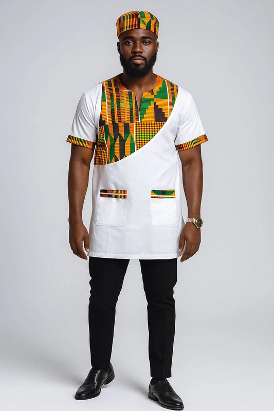Men Tunic Shirt / Kente Accent- White M040